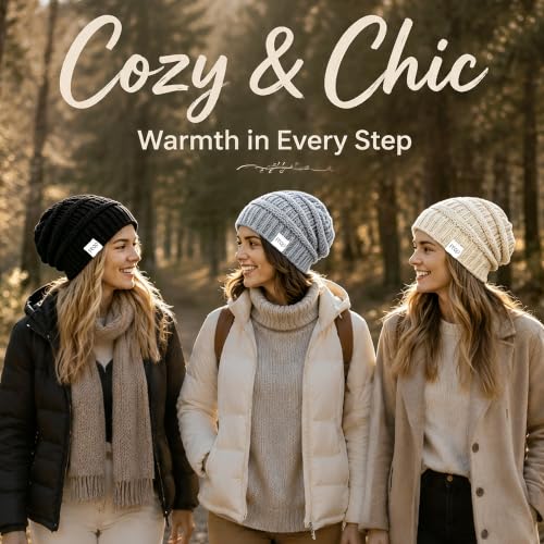 FEQO 4 Pack Satin Lined Beanies Slouchy Beanie Oversized Cable Knit Caps - color: Black, Pink, Light Grey, Beige