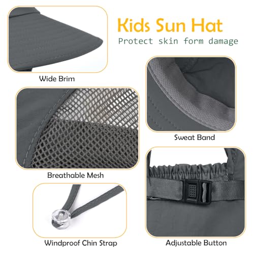 Kids Sun Hat UPF50+ Summer Beach Play Sun Protection Hats with Neck Flap for Ages 5~14 Girls Boys - color: Dark Grey