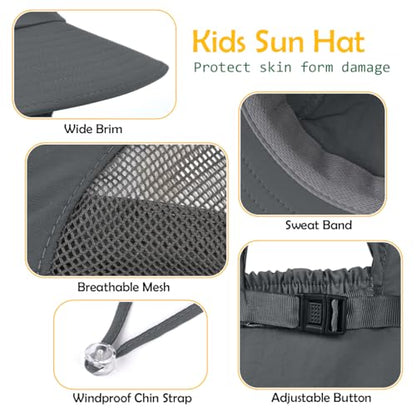 Kids Sun Hat UPF50+ Summer Beach Play Sun Protection Hats with Neck Flap for Ages 5~14 Girls Boys - color: Dark Grey
