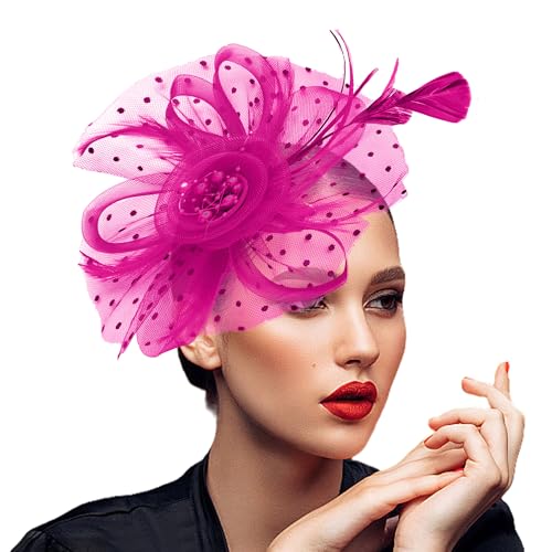 JUNBESTN Fascinators Hat Tea Party Headwear for Women Flower Mesh Feathers Headband - color: Hotpink