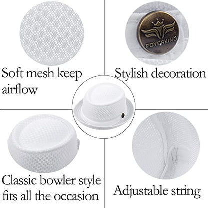 Summer Mesh Pork Pie Hat,Men Women Straw Fedora Cap,Lightweight Bowler Cap - color: White + Khaki