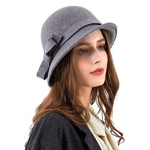 Ladies Wool Felt Bucket Hat Women Vintage Cloche Fedora Winter Church Bowler Hat with Bow - color: Grey