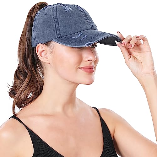 Criss Cross Ponytail Hat Women Washed Distressed Baseball Caps Adjustable High Messy Bun Ponycap - color: B - Denim Navy Blue
