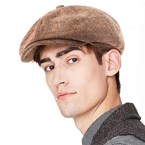 LADYBRO 8 Panel Newsboy Hats for Men Cap Irish Wool Blend Tweed, Adjustable - color: 002 Plaid Brown, size: 7 3/4-8
