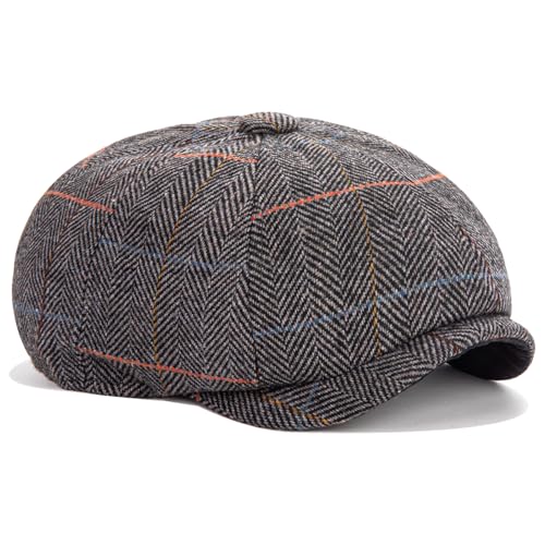 Men's Wool Newsboy Cap 8-Panel Tweed Taxi Hat Herringbone Gatsby Flat Hats - color: Gray