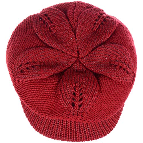 BYOS Womens Winter Chic Cable Warm Fleece Lined Crochet Knit Hat W/Visor Newsboy Cabbie Cap - color: Braided Front Red