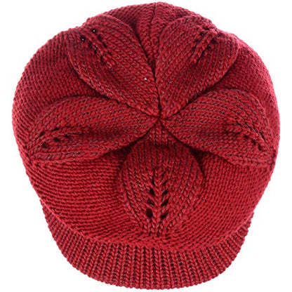 BYOS Womens Winter Chic Cable Warm Fleece Lined Crochet Knit Hat W/Visor Newsboy Cabbie Cap - color: Braided Front Red