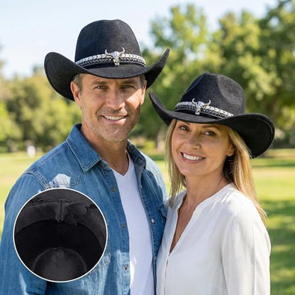 Women Men Western Cowboy Cowgirl Hat with Buckle Belt Wide Brim Outdoor Fedora Hats - color: Black