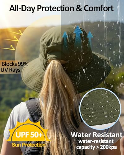 Womens Sun Hat Ponytail Packable UPF 50+ Waterproof Bucket Hat with Ponytail Hole for Beach Hiking Travel - color: Army Green