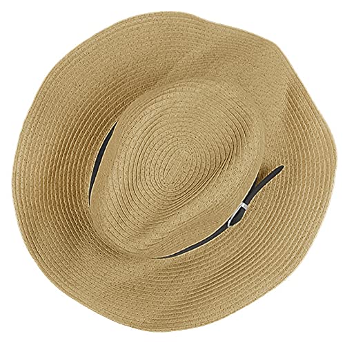 Men's Floppy Packable Straw Hat Beach Cap Newsboy Fedora Sun Hat, Big Brim, Adjustable Chin Strap - color: Khaki