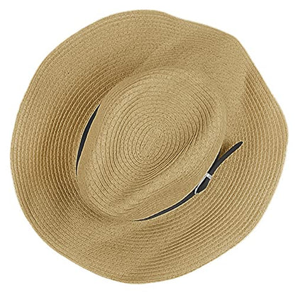 Men's Floppy Packable Straw Hat Beach Cap Newsboy Fedora Sun Hat, Big Brim, Adjustable Chin Strap - color: Khaki