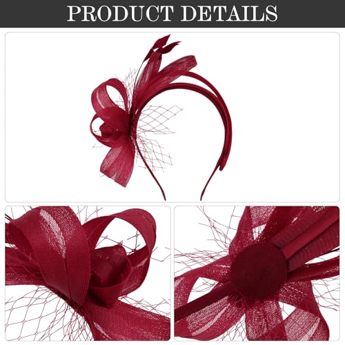 Fascinators Hats for Women, Fascinator Headband Tea Party Hat - color: Wine Red