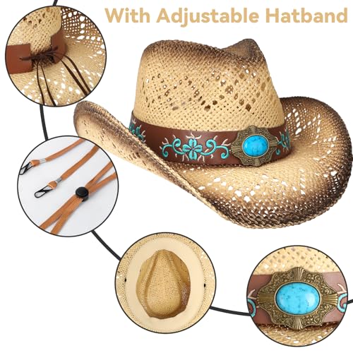 WQWOVRVO Cowboy Hat,Cowgirl Hat,Cowboy Hats for Women/Mens/Straw Wide with Shapeable Brim Western Cowboy Hat for Womens - color: Apricot & Coffee Color