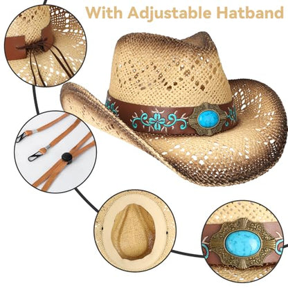 WQWOVRVO Cowboy Hat,Cowgirl Hat,Cowboy Hats for Women/Mens/Straw Wide with Shapeable Brim Western Cowboy Hat for Womens - color: Apricot & Coffee Color