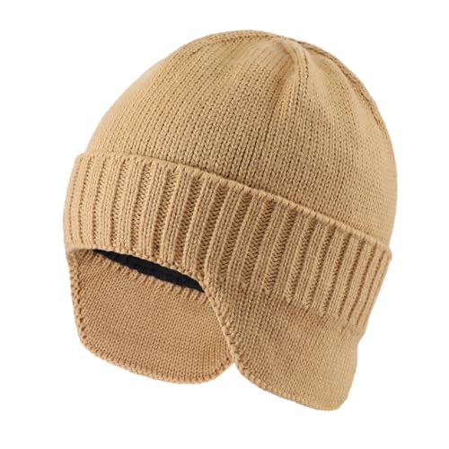 Home Prefer Mens Winter Hat Knit Earflap Hat Stocking Caps with Ears Beanie Hat - color: Khaki