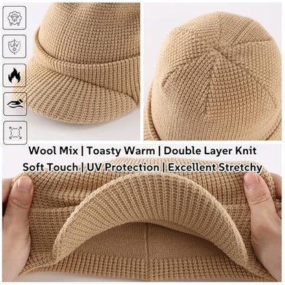 Home Prefer Mens Wool Blend Winter Hat Double-Layer Warm Knit Pre-Curve Visor Beanie Brimmed Beanies Hat for Men Women - color: Khaki
