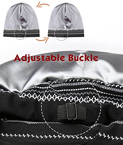 Adjustable Satin Lined Sleep Cap for Dreadlocks Curly Hair Large Head-Stay On Overnight - color: Black White