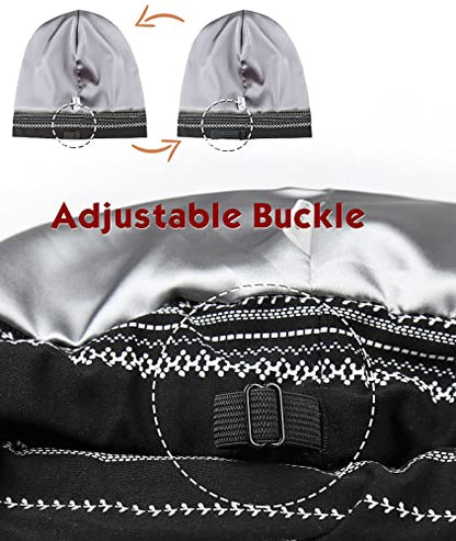 Adjustable Satin Lined Sleep Cap for Dreadlocks Curly Hair Large Head-Stay On Overnight - color: Black White