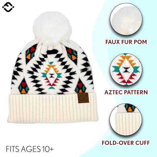 Funky Junque Women’s Pom Pom Beanie – Soft Knit Winter Hats for Women & Teens, Warm Fashionable Beanie with Faux Fur Poms - color: Aztec - White