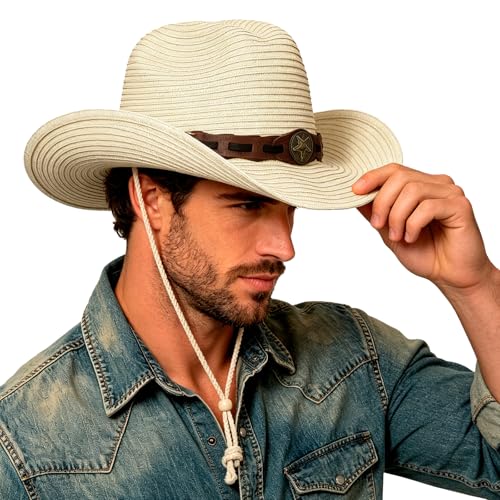 Unisex Straw Cowboy Hat Wide Brim Western Sun Hat Adjustable Beach Cowgirl Hat for Summer Outdoor Sun Protection - color: Beige,leather Hat Strap
