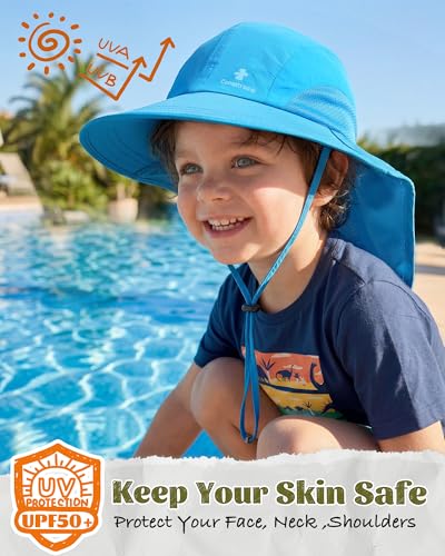Camptrace Toddler Kids Sun Hat UPF 50+ with Neck Flap Ponytail Hole - color: 04-blue, size: 5-10 Years