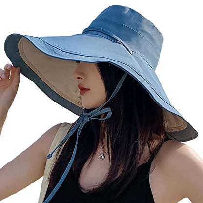HUAMULAN Women Summer Vacation Wide Brim Sun Hat Reversible Fishing Hats - color: Bluebeige