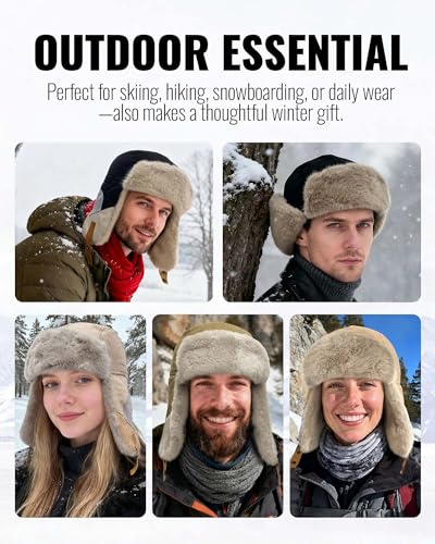Croogo Cold Weather Eskimo Hats Trapper Hat Winter Thick Furry Ushanka Russian Hat Windproof Ski Trooper Hat with Ear Flap - color: Pl20-khaki