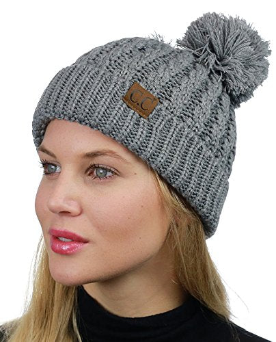 C.C 2 Ear Pom Pom Cable Knit Soft Stretch Cuff Skully Beanie Hat - color: Light Melange Gray