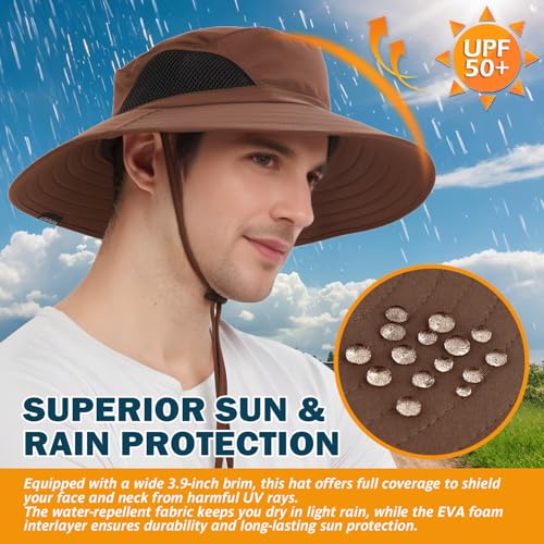 Wide Brim Sun Bucket Hat, Waterproof Boonie Hat for Men & Women - color: 01 Brown