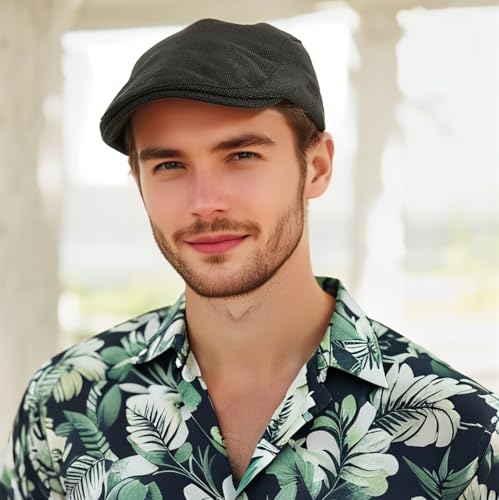 Cabbie Hats for Men Summer,Cotton Beret Newsboy Hat Ivy Gatsby Adjustable Flat Cap Beret for Driving - color: A02-black