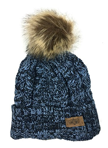 Women's Winter Fleece Lined Cable Knitted Pom Pom Beanie Hat - color: Denim-navy