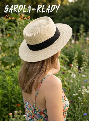 Straw Sun Hats for Women Summer Beach Wide Brim Boater Hat Fashion Travel Vacation Fedora Panama UPF 50+ - color: Khaki Black