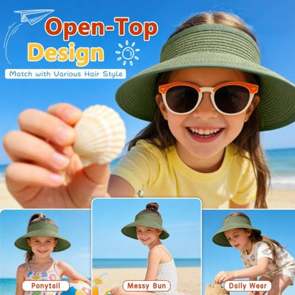 ZOORON Girls Straw Sun Visor Hat, Wide Brim Ponytail Beach Hat with Bow - color: Grayish Green