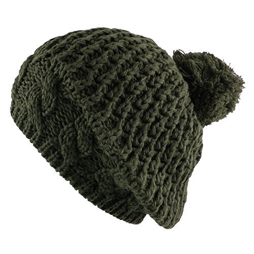 Morehats Thick Crochet Knit Pom Pom Beret Winter Ski Hat - color: Olive