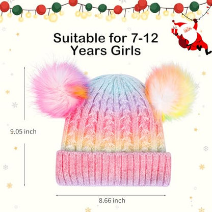 Girls Rainbow Pom Pom Beanies Hats Winter Knit Fleece Lined Beanie Hat for Kids Outdoor Snow Ski Skull Cap Age 7-12 - color: Pompom-multi Rainbow(fleece Lined)