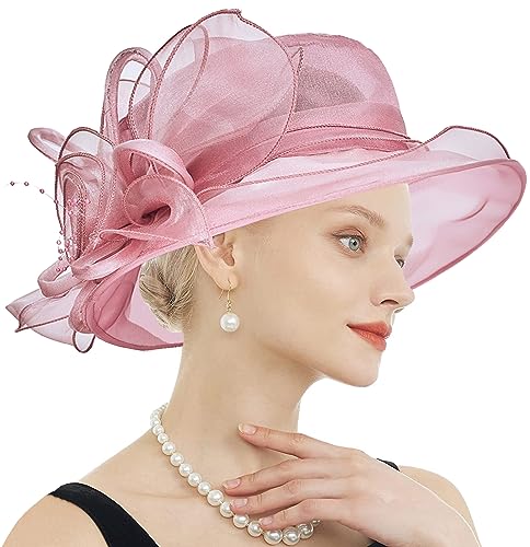 Women's Kentucky Derby Church Dress Hat Wide Brim Leaf Flower Bridal Shower Hat - color: F2 Pink Purple