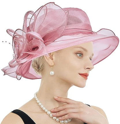 Women's Kentucky Derby Church Dress Hat Wide Brim Leaf Flower Bridal Shower Hat - color: F2 Pink Purple