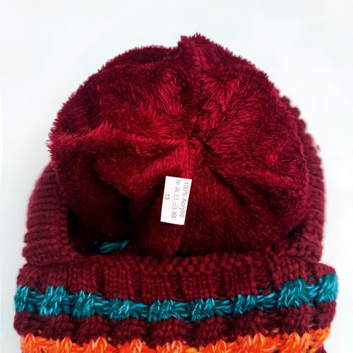 HUAMULAN Women Winter Knit Beanie Hats One Piece Fleece Lined Balaclavas - color: Wine Red + Colorful Stripe