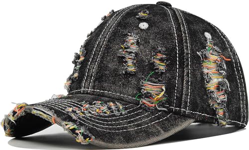 Distressed Washed Denim Baseball Cap Vintage Ripped Strapback Sun Hat for Men Women - color: Colorful