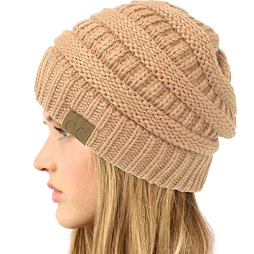 CC Classic Winter Fall Trendy Chunky Stretchy Cable Knit Beanie Hat - color: Solid Sand
