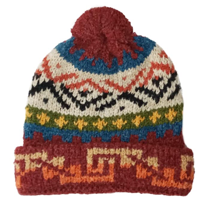 TINKUY Peru Alpaca Wool Winter Beanie, Handmade Bobble Hat, Unisex, One Size - color: Burgundy