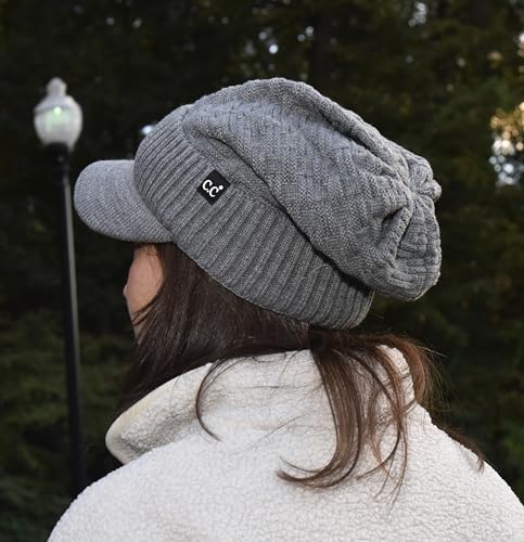 C.C Fuzzy Fleece Lined Warm Oversized Chunky Soft Stretchy Oversized Two Way Ribbed Slouchy Knit Hat with Visor Brim - color: Light Melange Grey