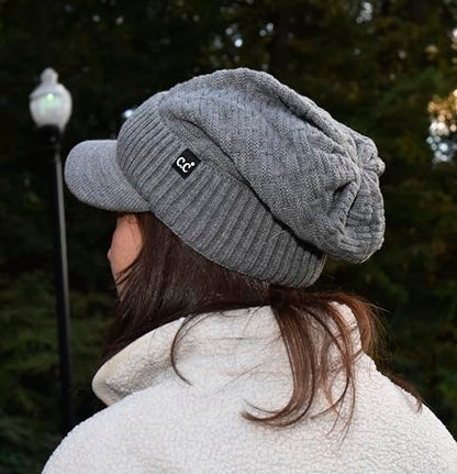 C.C Fuzzy Fleece Lined Warm Oversized Chunky Soft Stretchy Oversized Two Way Ribbed Slouchy Knit Hat with Visor Brim - color: Light Melange Grey