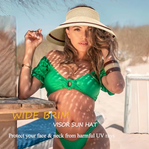 Women's Sun Visor Hats Wide Brim Straw Beach Hat Ponytail Hats for Women Foldable Floppy - color: 1pack-beige/Red Stripe
