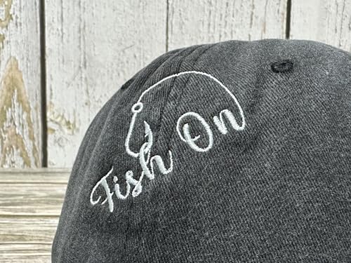 Embroidered Baseball Caps for Men and Women - color: Fishing Fish on (Washed Black)