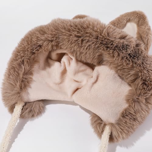 Women Winter Sherpa Beanie Hats Knit Ear Flap Hat Fleece Lined - color: Cream White With Ear