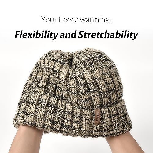 Fleece Lined Beanie Cable Knit Chunky Beanies Womens Snow Cap - color: Tone Beige/Black Mix