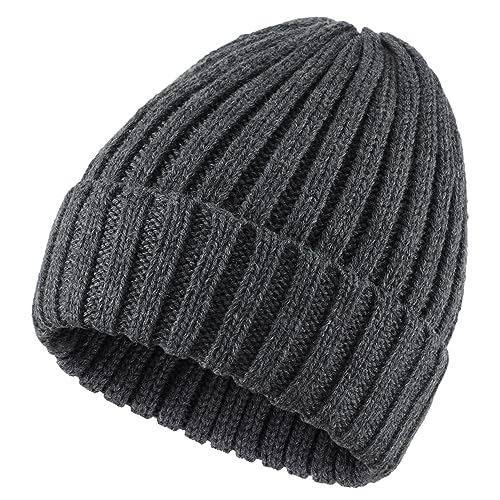 Connectyle Women's Rib Knit Cuffed Beanie Hat Stretch Acrylic Winter Hat Thick Warm Snow Ski Cap - color: Dark Grey