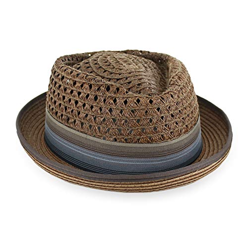 Belfry Men Women Summer Straw Porkpie Vented Trilby Fedora Hat in Blue Tan Black Brown Burgundy - color: Chocolate, size: X-Large