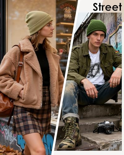 Century Star Men's Fleece-Lined Beanie Winter Knit Hat - Stretchable, Warm, Windproof, Unisex Cuffed Ski Cap for Sports - color: Amy Green